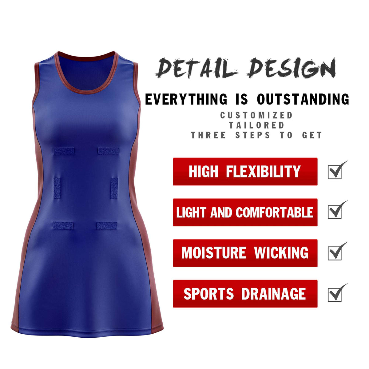 Custom Royal Blue Maroon Color Block Two Tone Netball Dresses