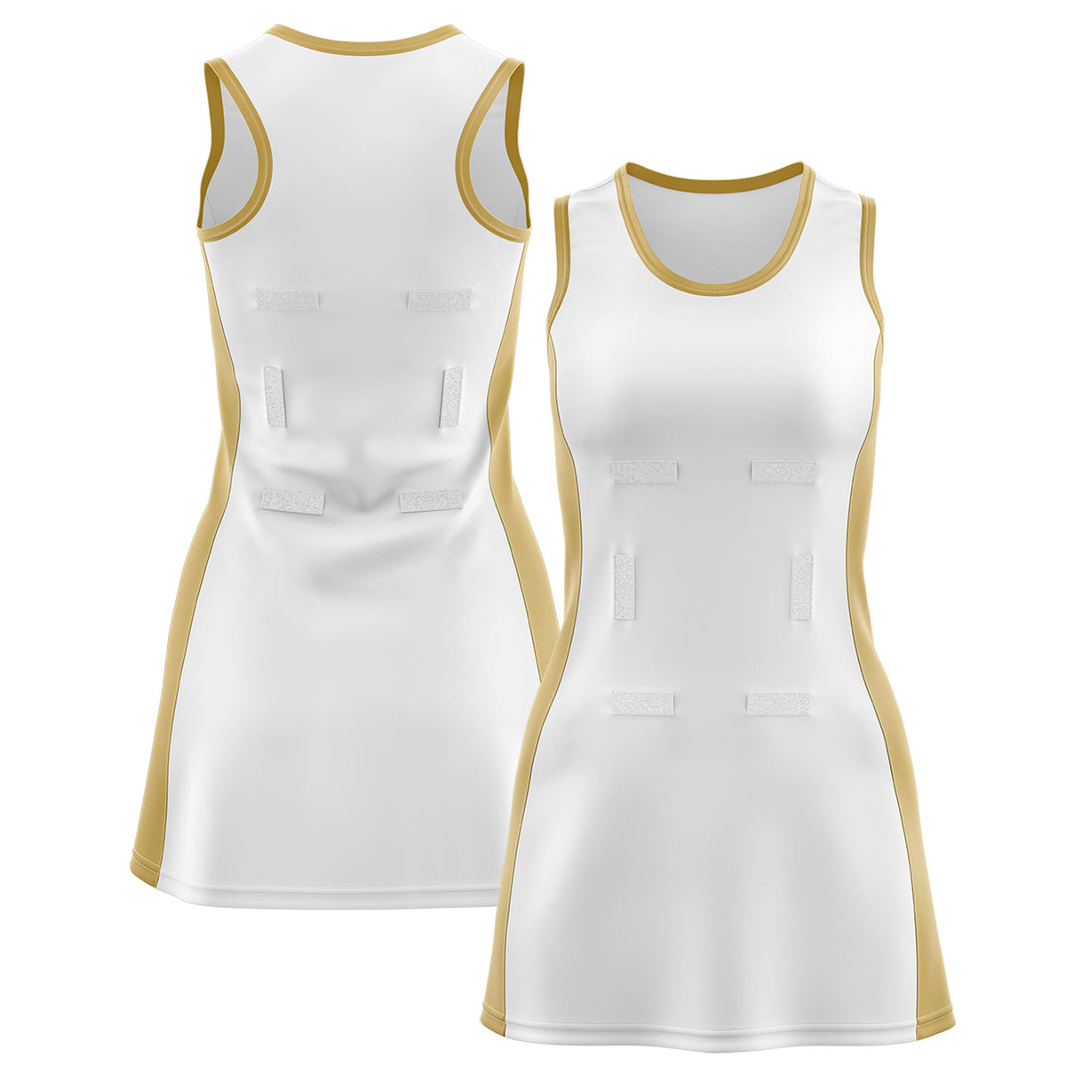 Custom White Old Gold Color Block Two Tone Netball Dresses