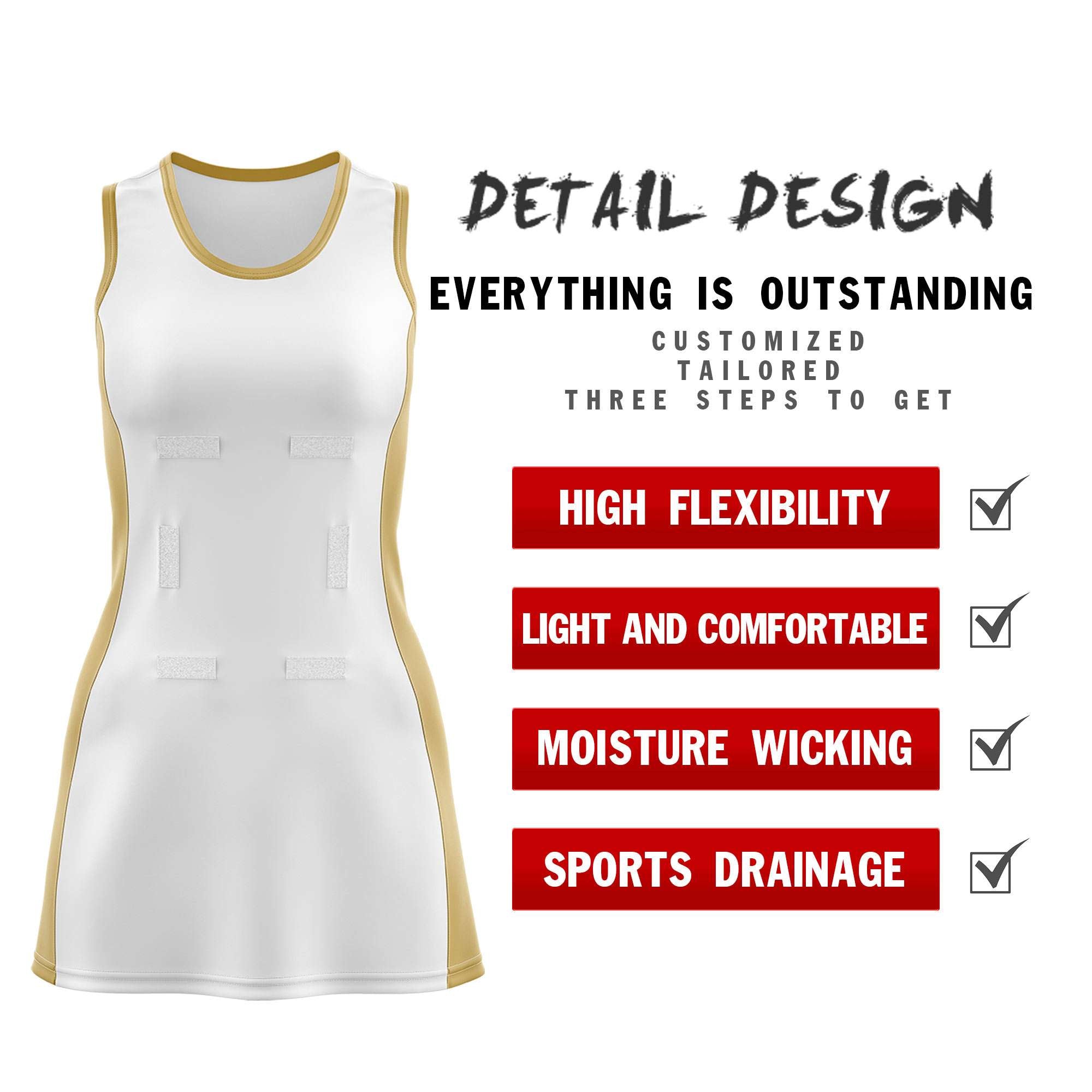 Custom White Old Gold Color Block Two Tone Netball Dresses