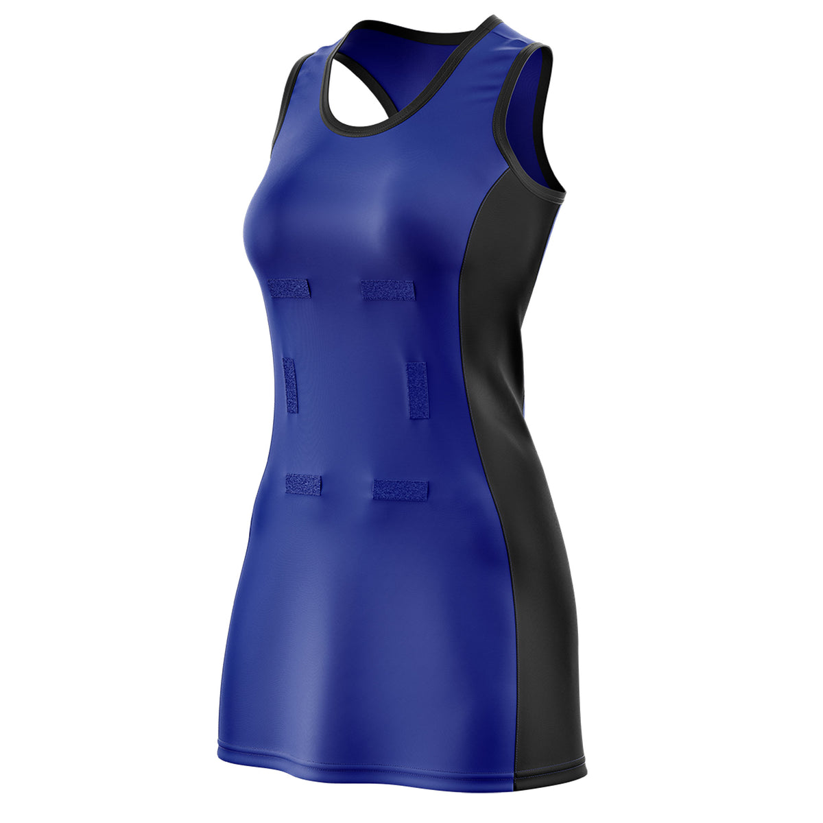 Custom Royal Blue Black Color Block Two Tone Netball Dresses