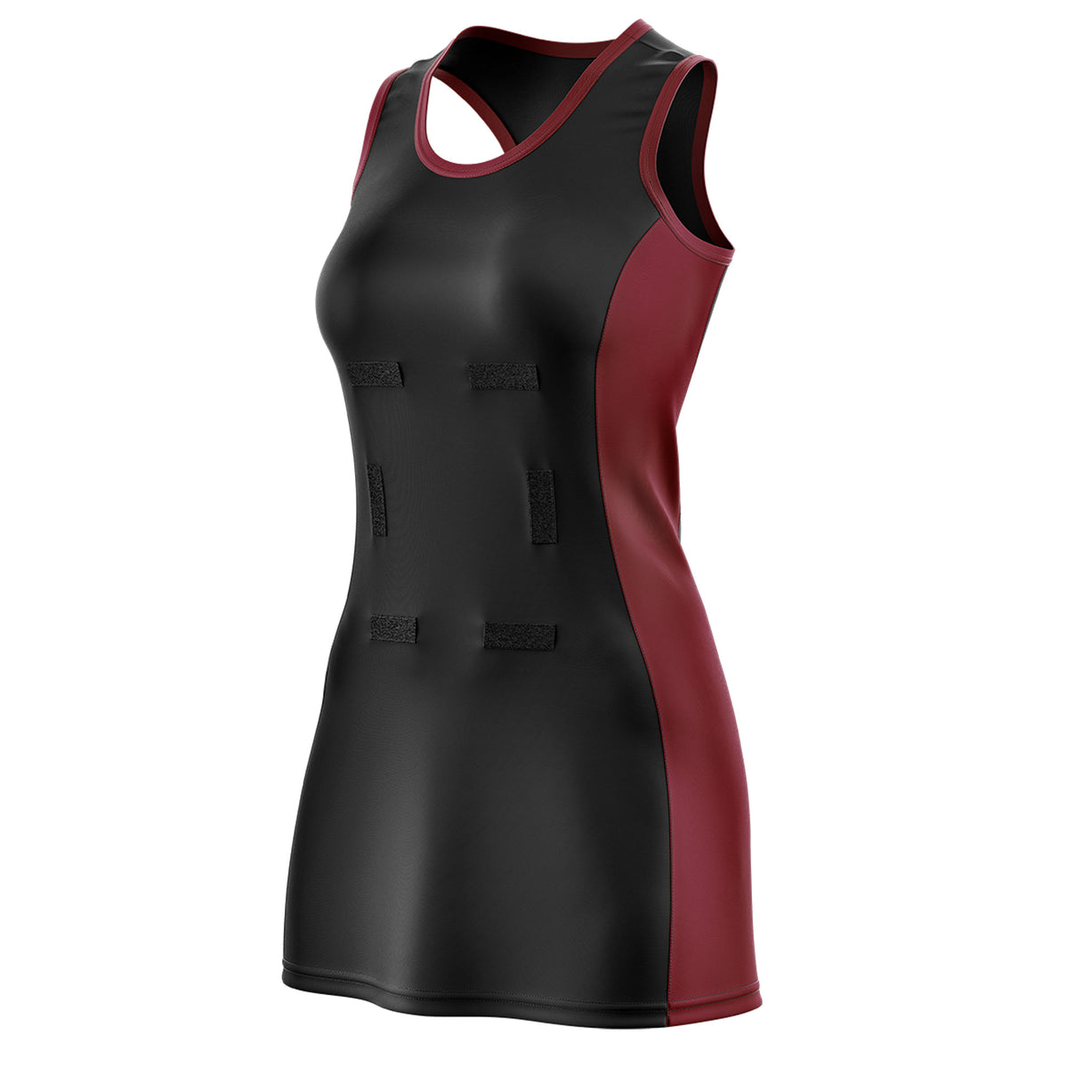 Custom Black Maroon Color Block Two Tone Netball Dresses