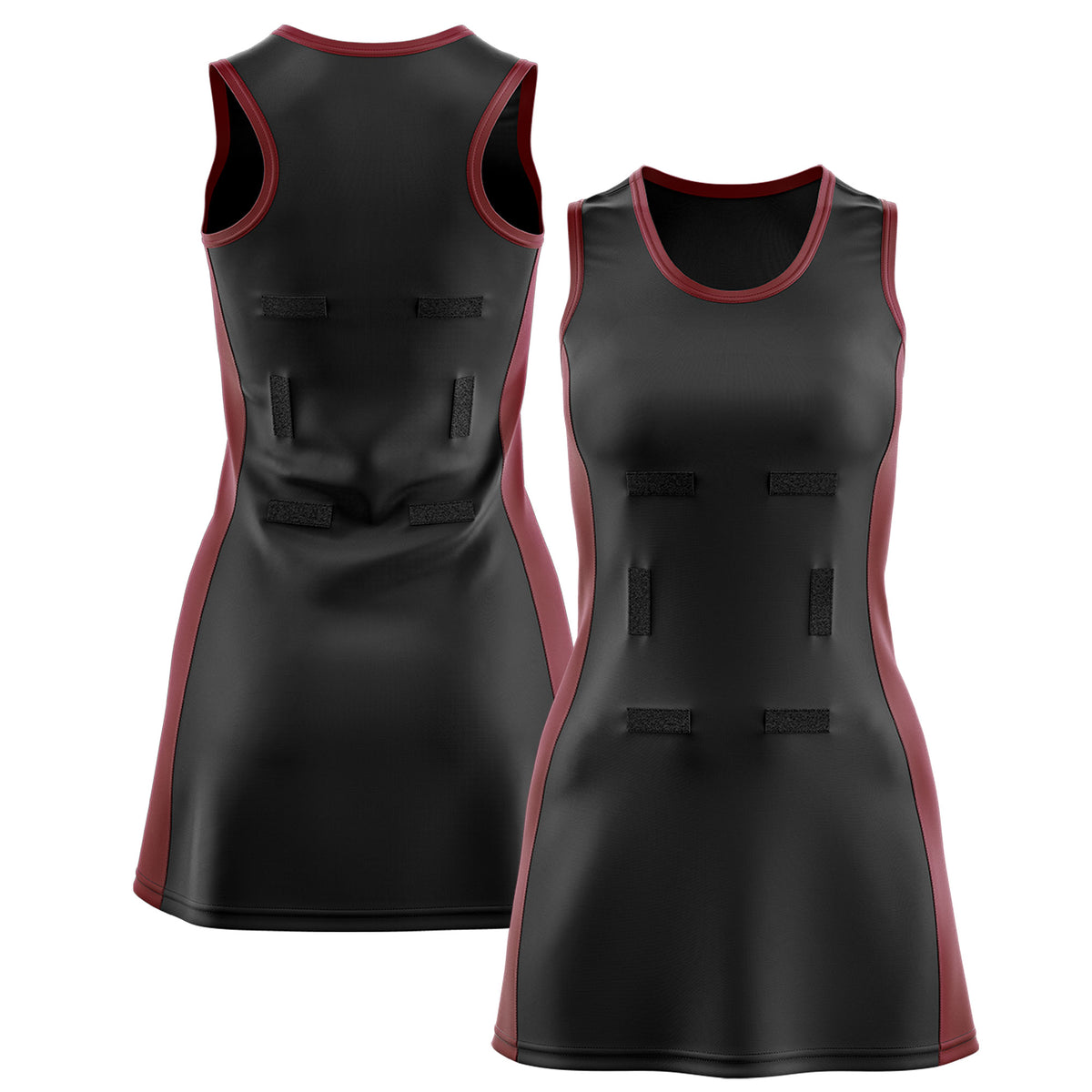 Custom Black Maroon Color Block Two Tone Netball Dresses