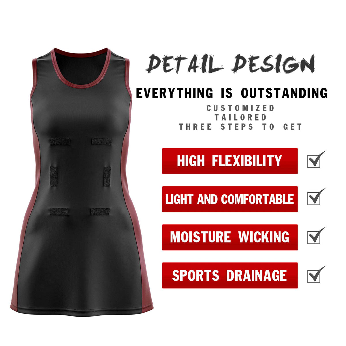 Custom Black Maroon Color Block Two Tone Netball Dresses