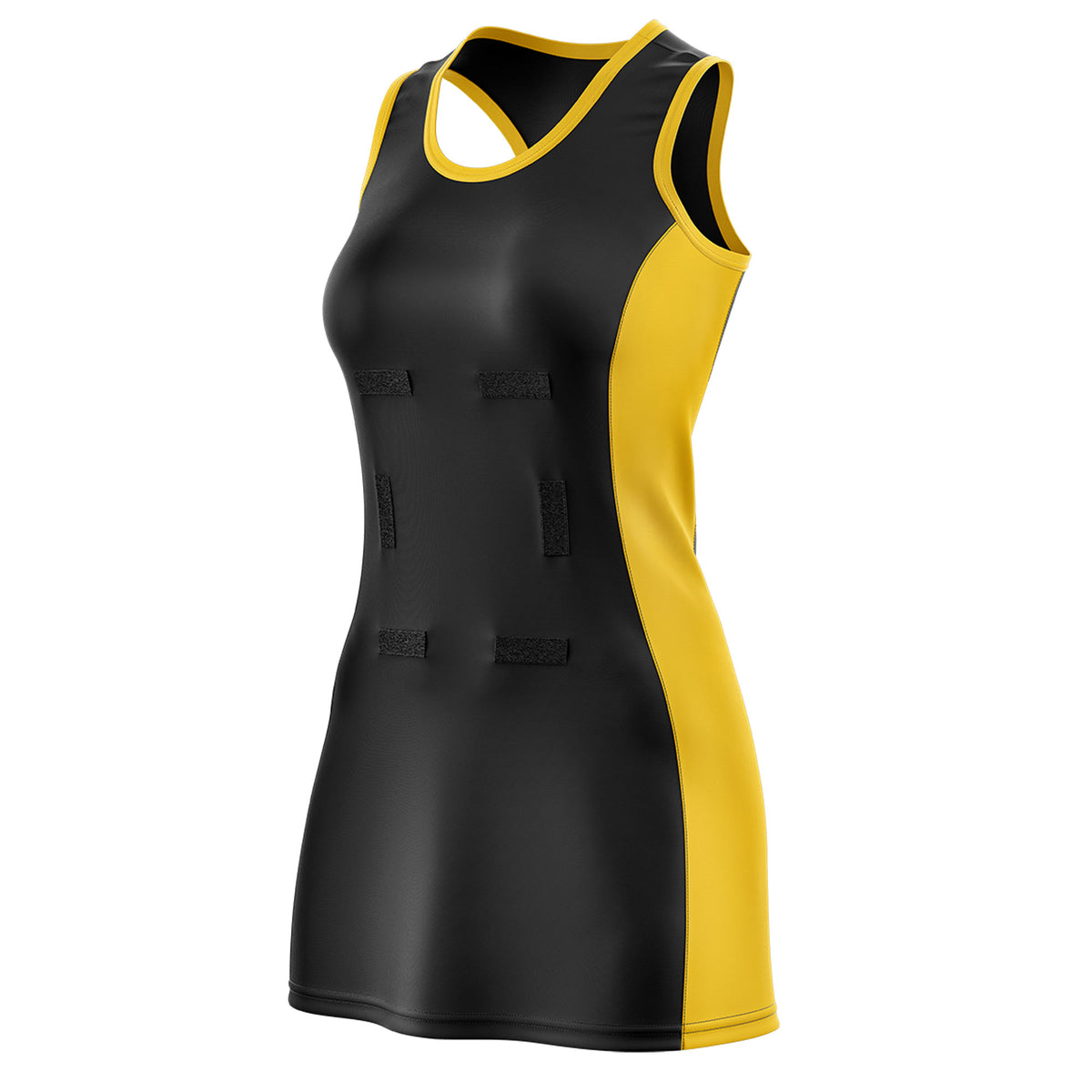 Custom Black Gold Color Block Two Tone Netball Dresses