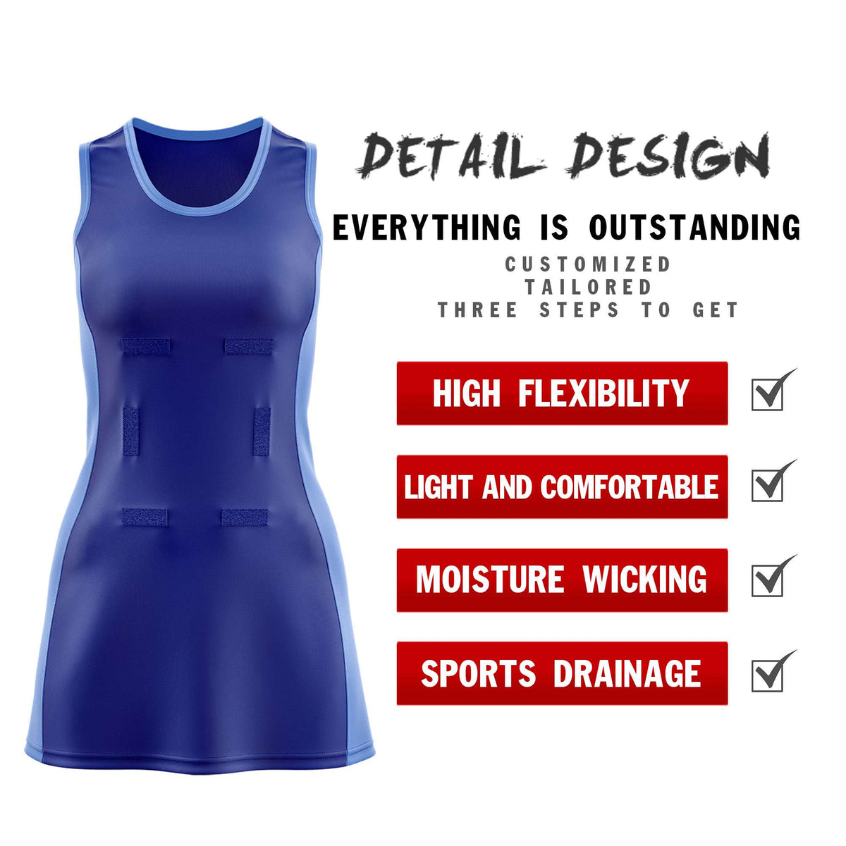 Custom Royal Blue Powder Blue Color Block Two Tone Netball Dresses