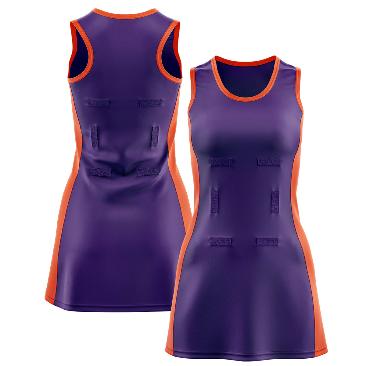 Custom Purple Orange Color Block Two Tone Netball Dresses