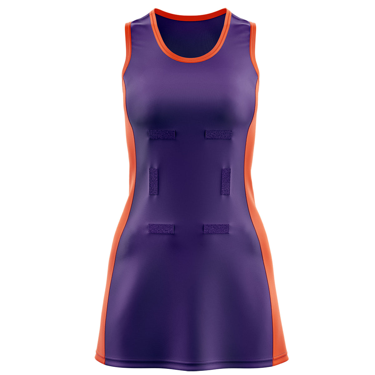 Custom Purple Orange Color Block Two Tone Netball Dresses