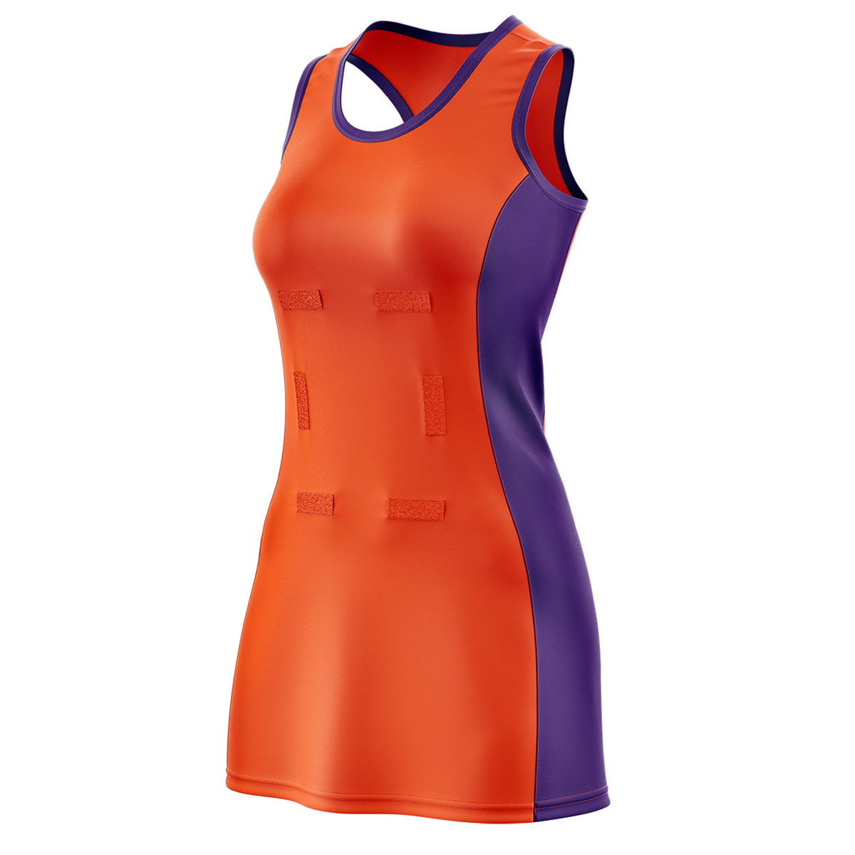 Custom Orange Purple Color Block Two Tone Netball Dresses