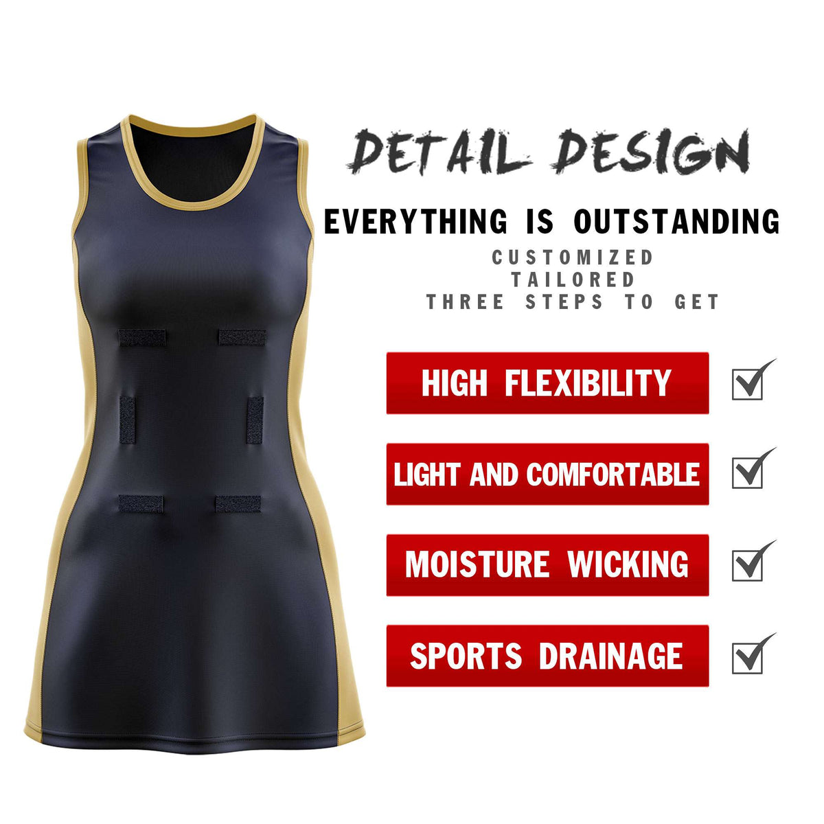 Custom Navy Old Gold Color Block Two Tone Netball Dresses