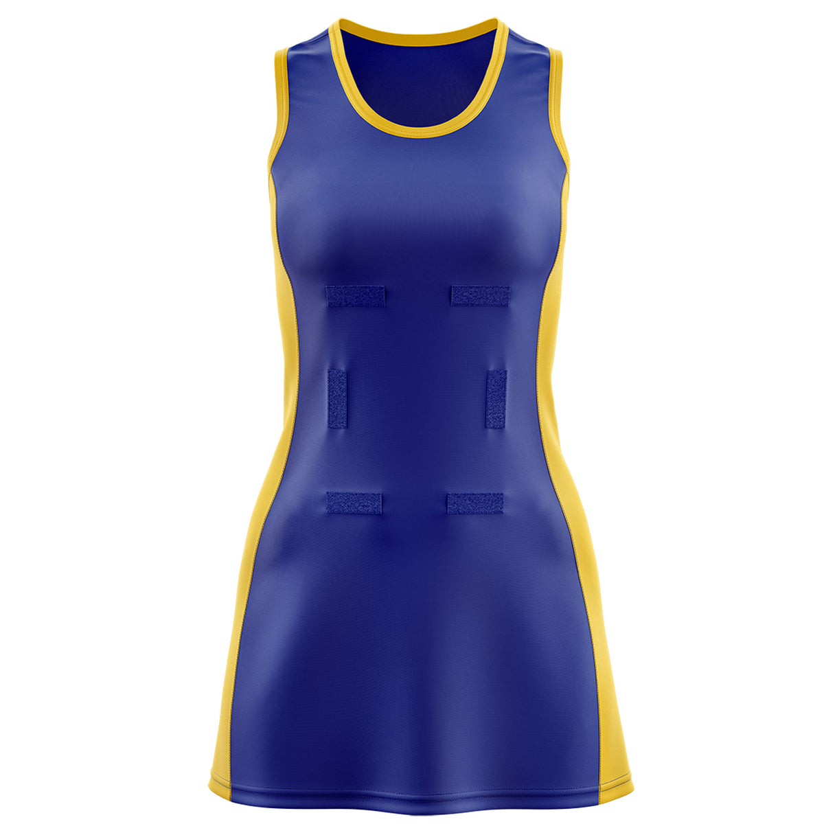Custom Royal Blue Gold Color Block Two Tone Netball Dresses