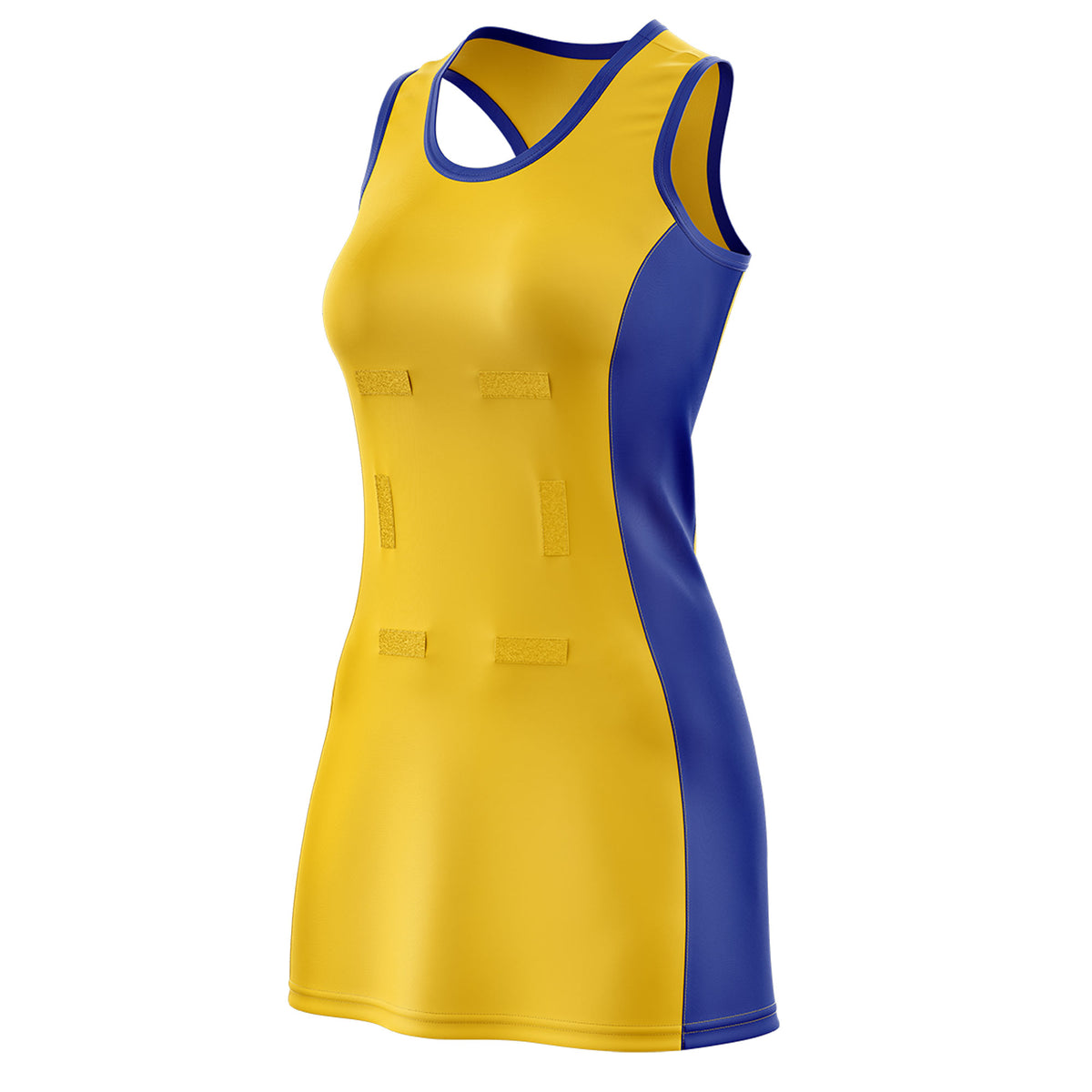 Custom Gold Royal Blue Color Block Two Tone Netball Dresses