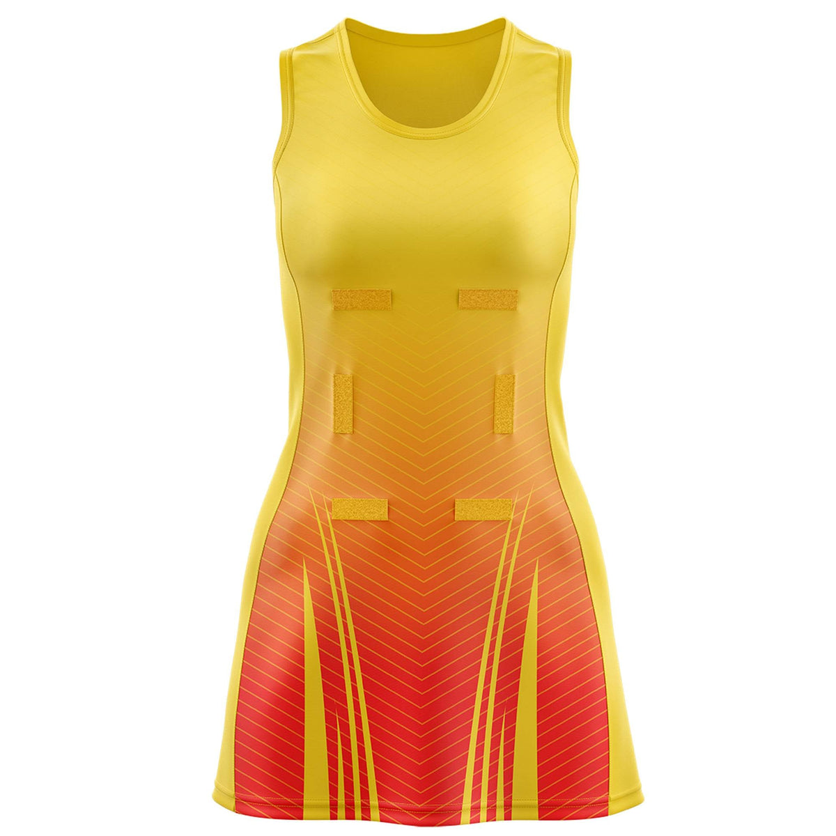 Custom Gold Orange Netball Dresses With Diagonal Lines And Jagged Texture Patterns