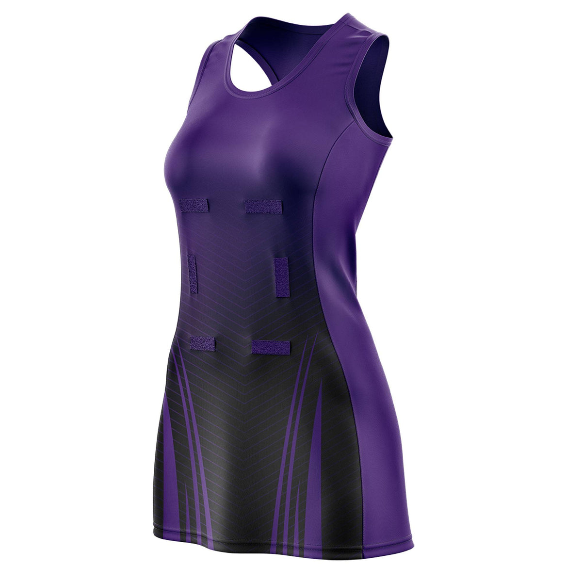 Custom Purple Black Netball Dresses With Diagonal Lines And Jagged Texture Patterns