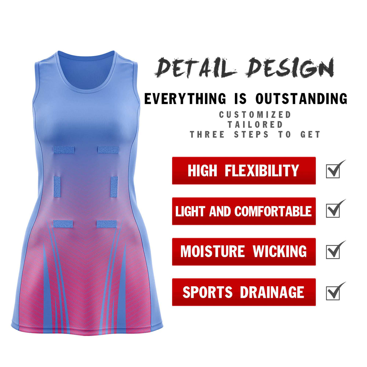 Custom Light Blue Pink Netball Dresses With Diagonal Lines And Jagged Texture Patterns