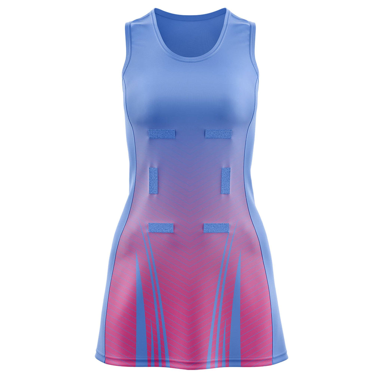 Custom Light Blue Pink Netball Dresses With Diagonal Lines And Jagged Texture Patterns