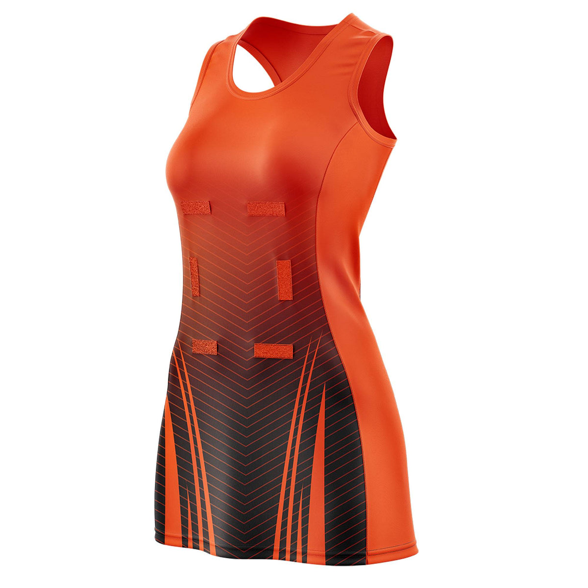Custom Orange Black Netball Dresses With Diagonal Lines And Jagged Texture Patterns