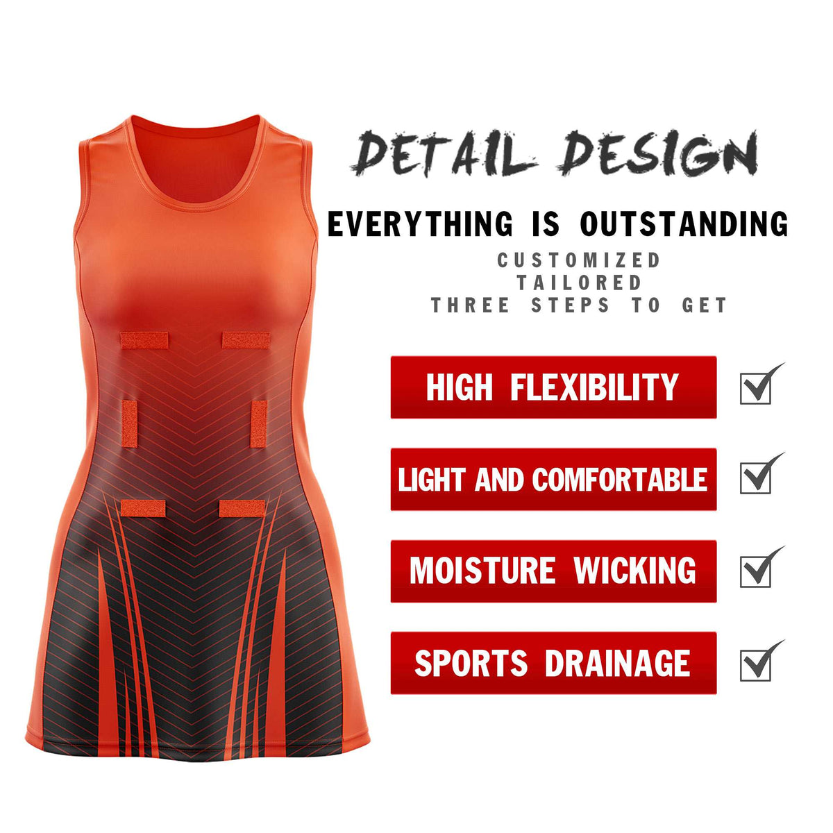 Custom Orange Black Netball Dresses With Diagonal Lines And Jagged Texture Patterns
