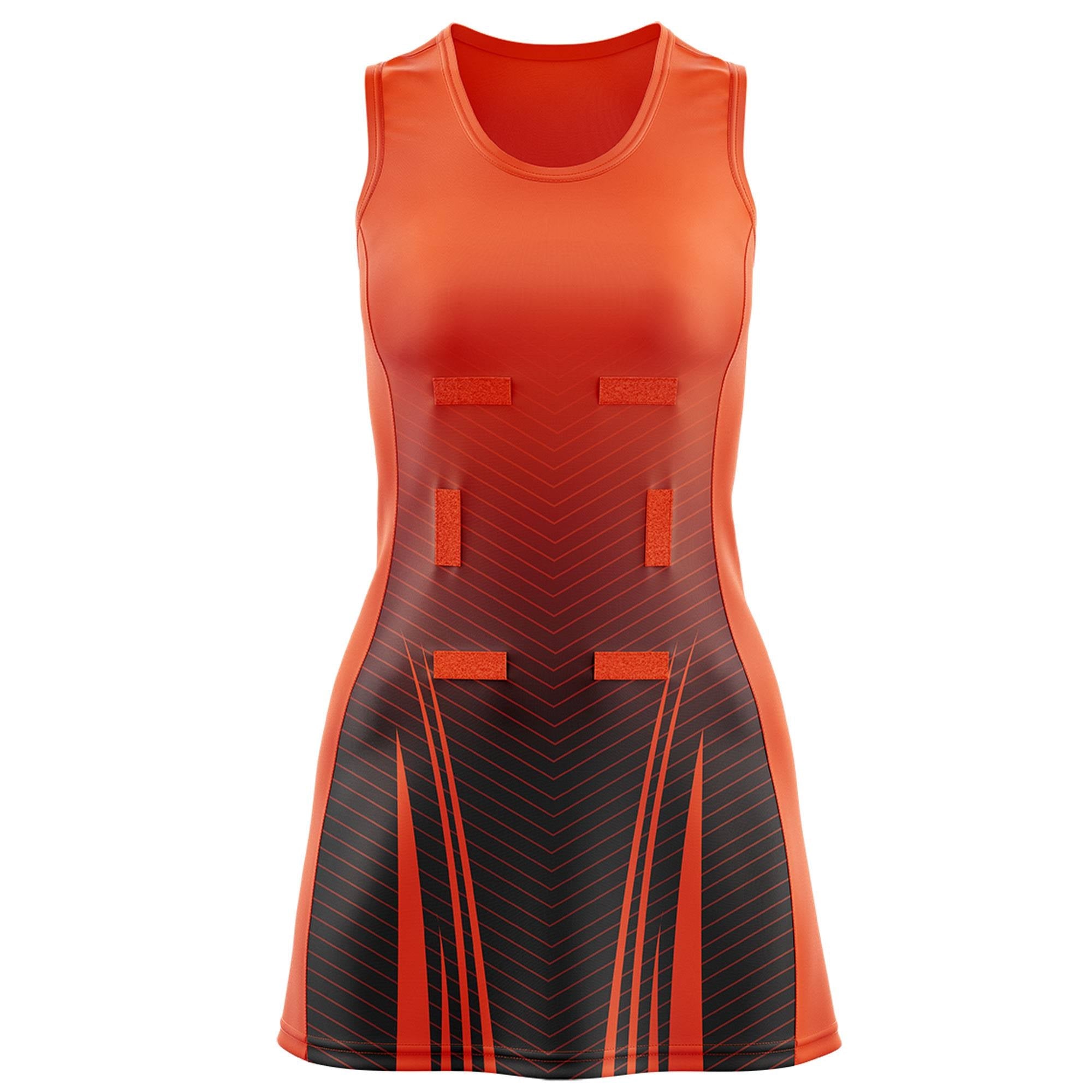 Custom Orange Black Netball Dresses With Diagonal Lines And Jagged Texture Patterns