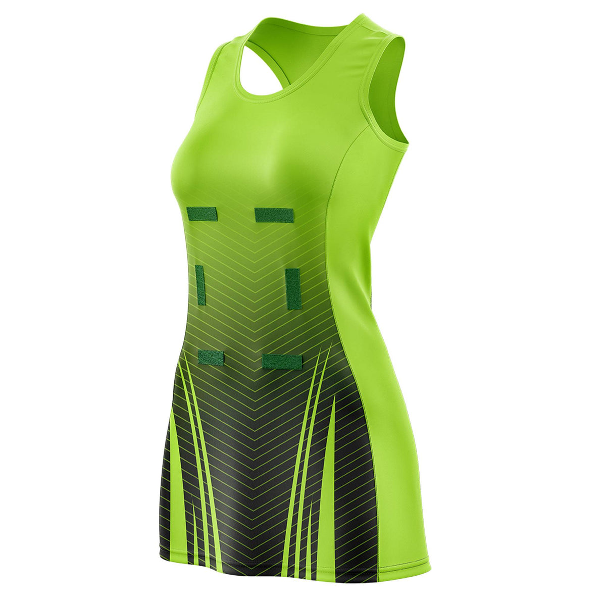 Custom Neon Green Black Netball Dresses With Diagonal Lines And Jagged Texture Patterns