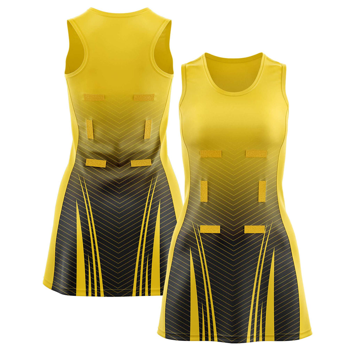 Custom Gold Black Netball Dresses With Diagonal Lines And Jagged Texture Patterns