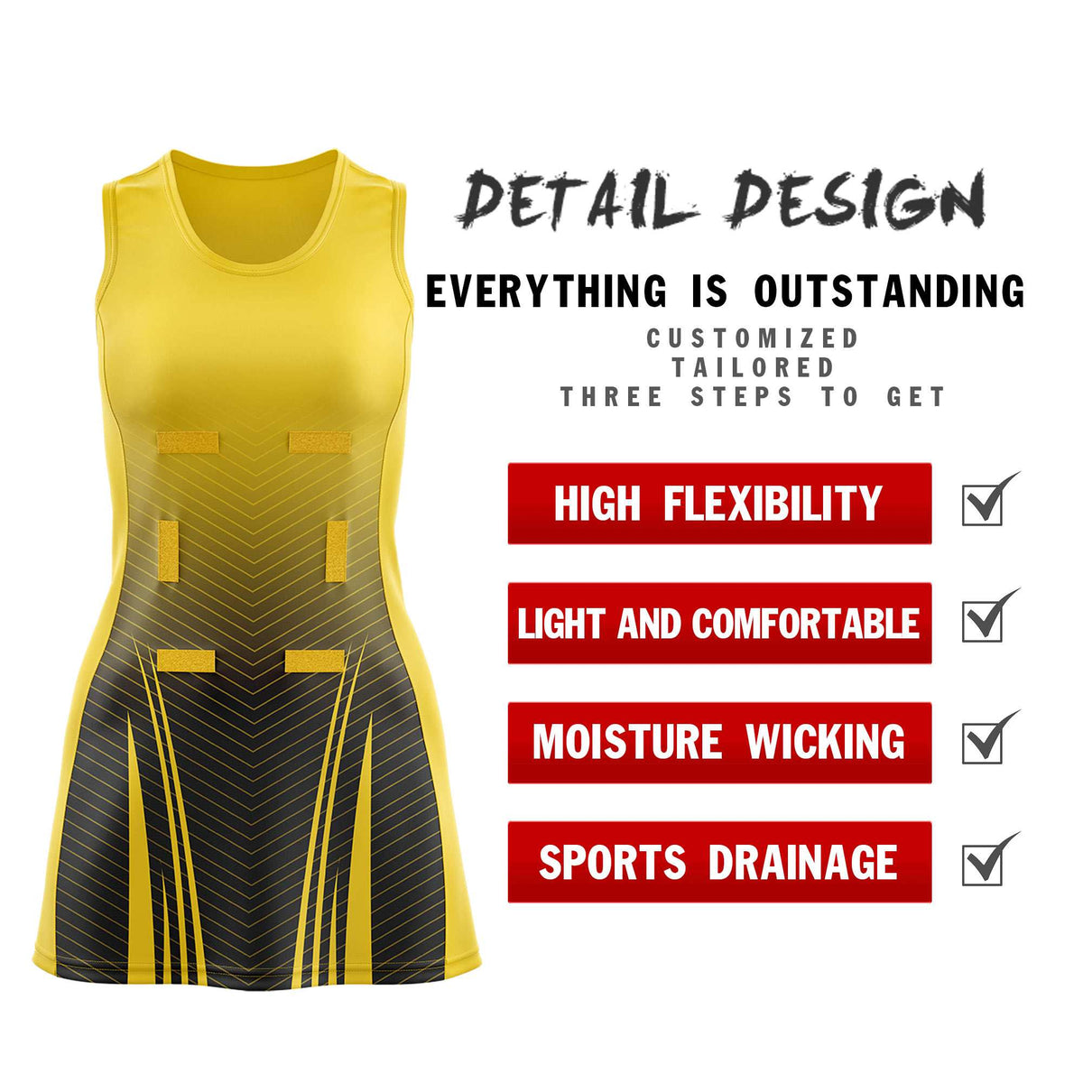 Custom Gold Black Netball Dresses With Diagonal Lines And Jagged Texture Patterns