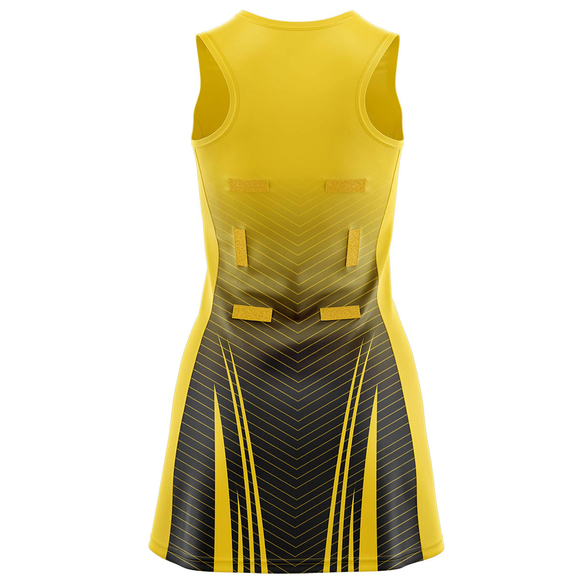 Custom Gold Black Netball Dresses With Diagonal Lines And Jagged Texture Patterns