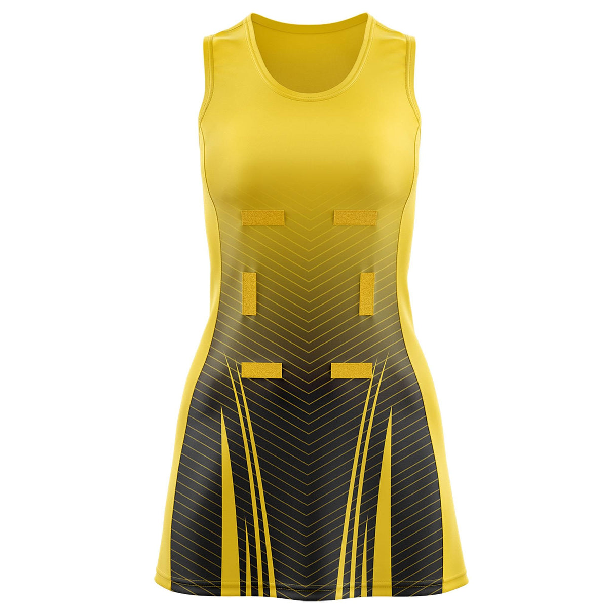 Custom Gold Black Netball Dresses With Diagonal Lines And Jagged Texture Patterns