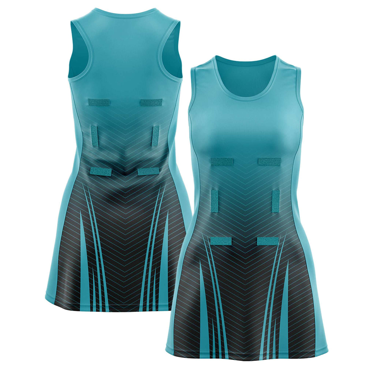 Custom Aqua Black Netball Dresses With Diagonal Lines And Jagged Texture Patterns