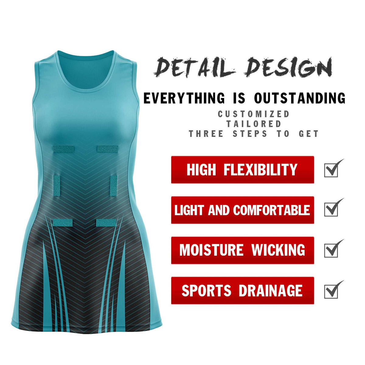 Custom Aqua Black Netball Dresses With Diagonal Lines And Jagged Texture Patterns