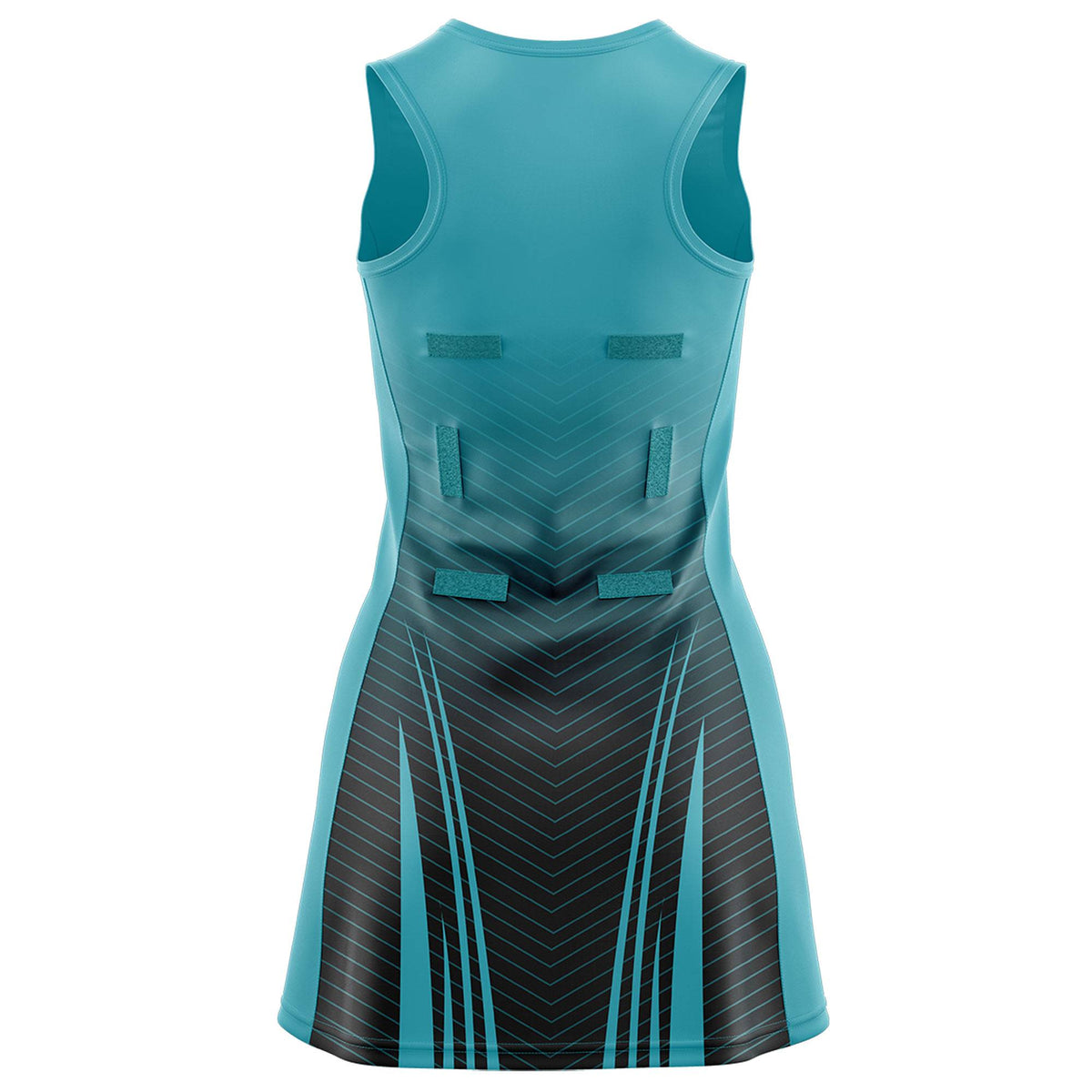 Custom Aqua Black Netball Dresses With Diagonal Lines And Jagged Texture Patterns