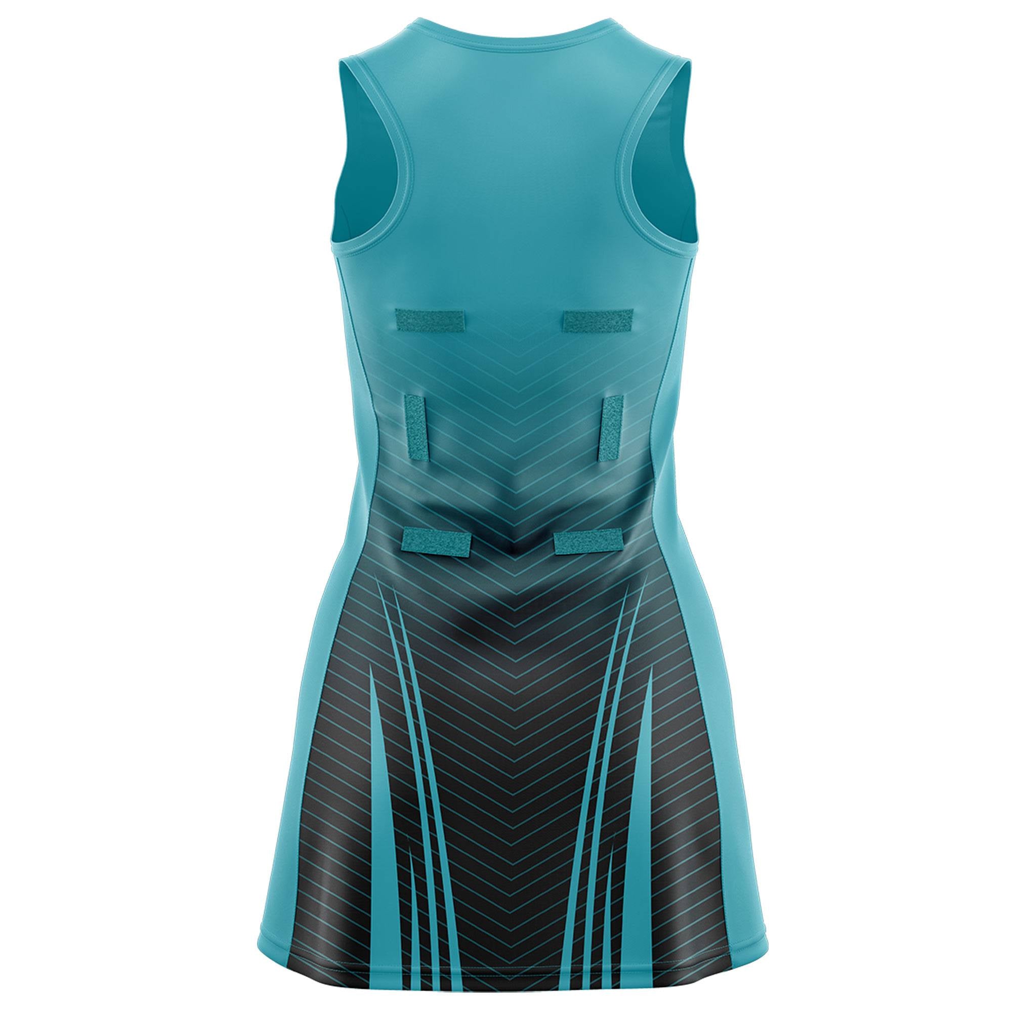 Custom Aqua Black Netball Dresses With Diagonal Lines And Jagged Texture Patterns