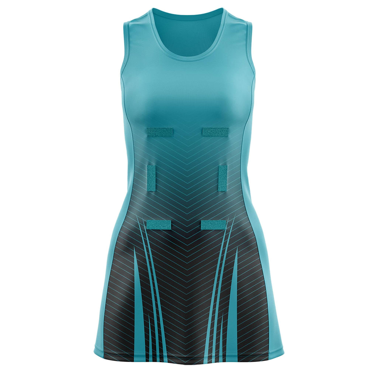 Custom Aqua Black Netball Dresses With Diagonal Lines And Jagged Texture Patterns
