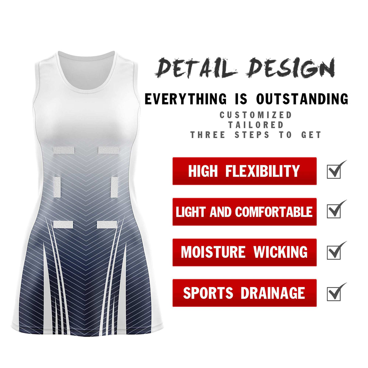 Custom White Navy Netball Dresses With Diagonal Lines And Jagged Texture Patterns