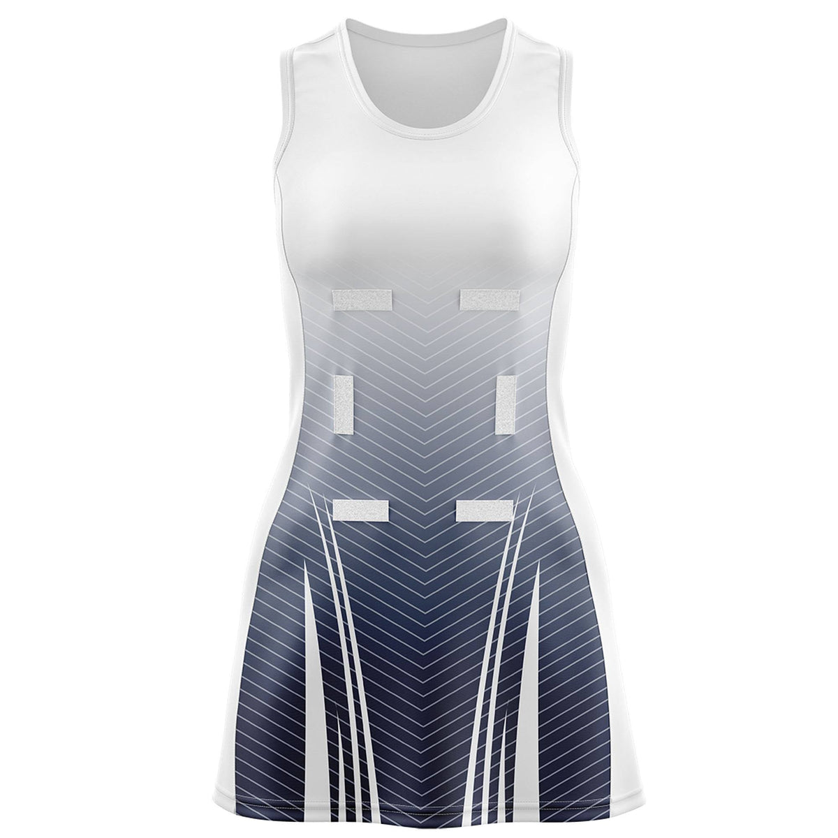 Custom White Navy Netball Dresses With Diagonal Lines And Jagged Texture Patterns