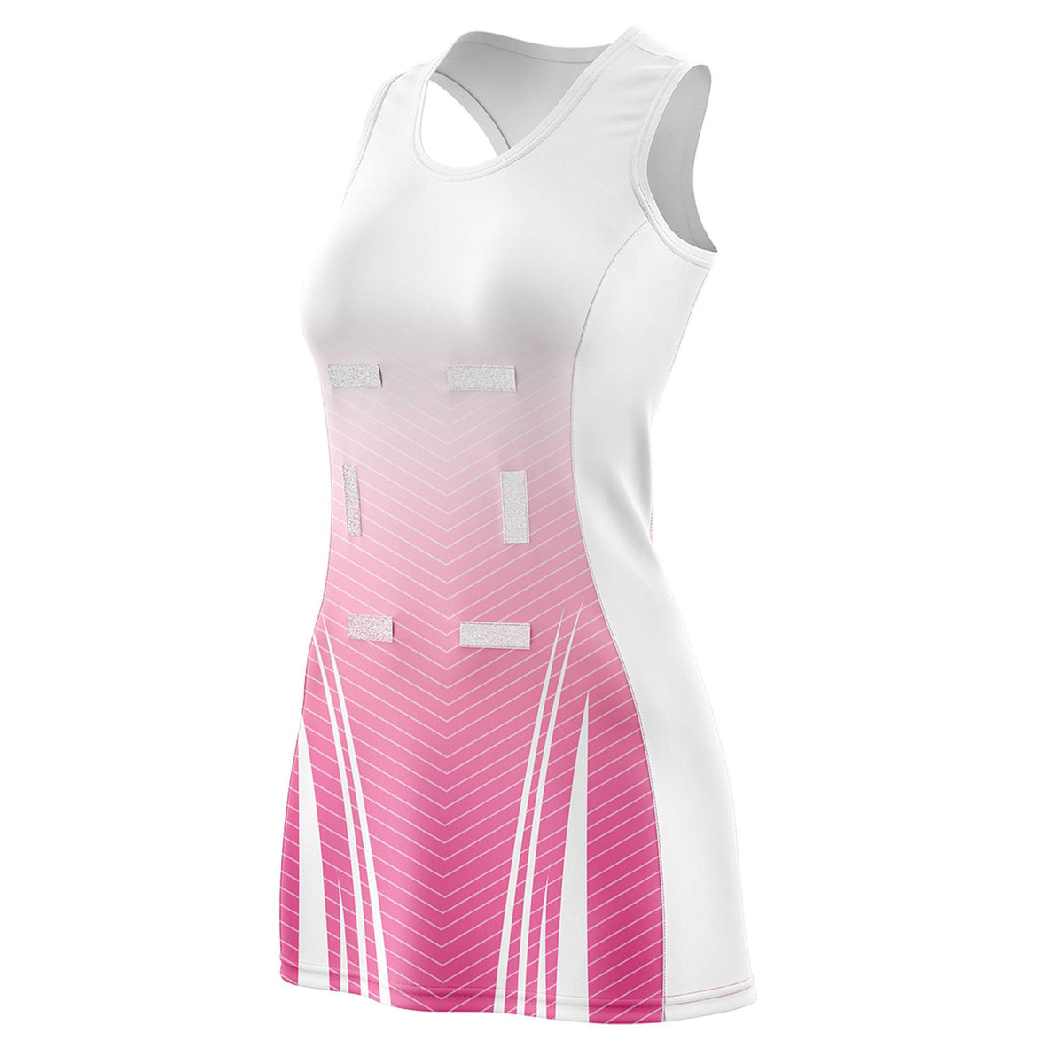 Custom White Pink Netball Dresses With Diagonal Lines And Jagged Texture Patterns