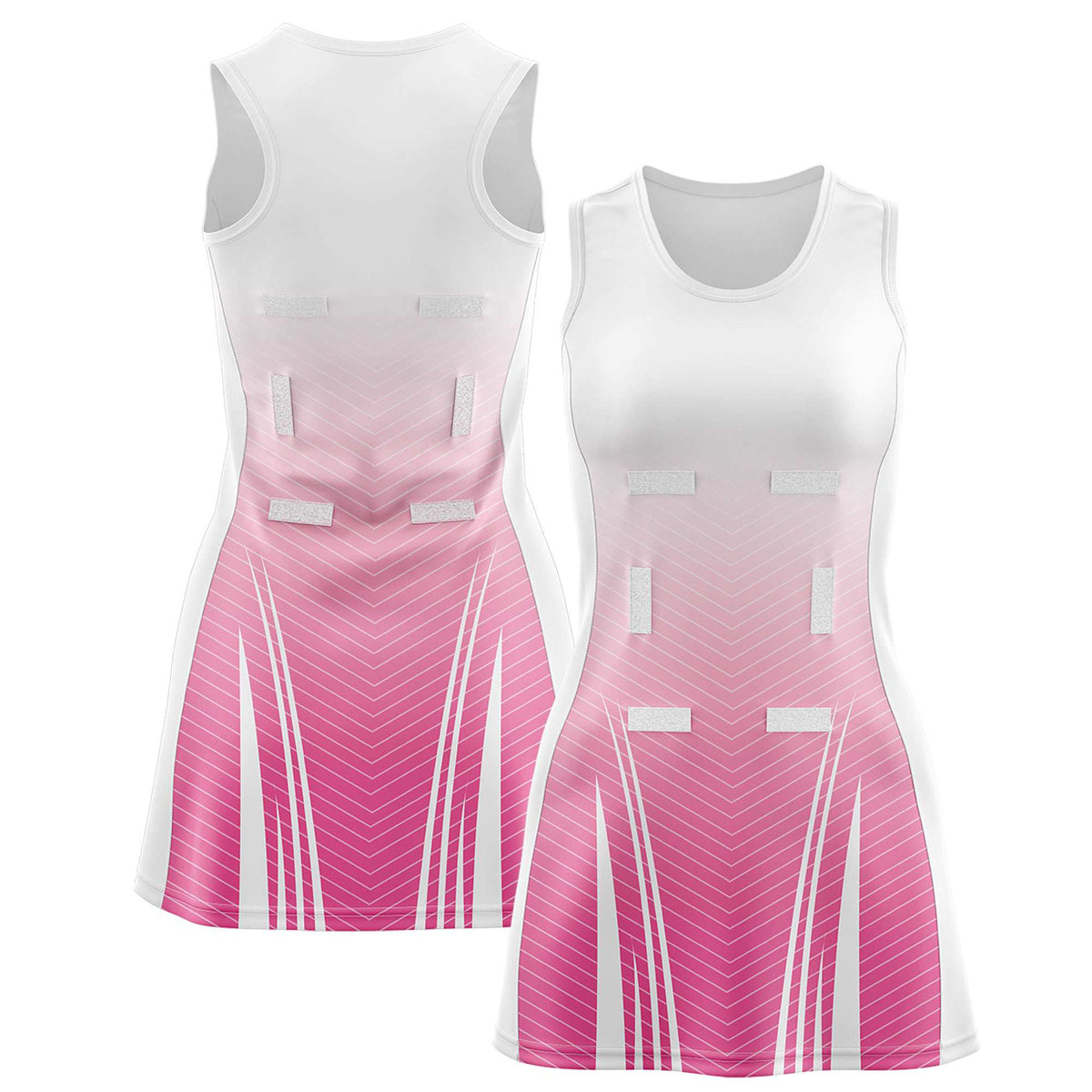 Custom White Pink Netball Dresses With Diagonal Lines And Jagged Texture Patterns