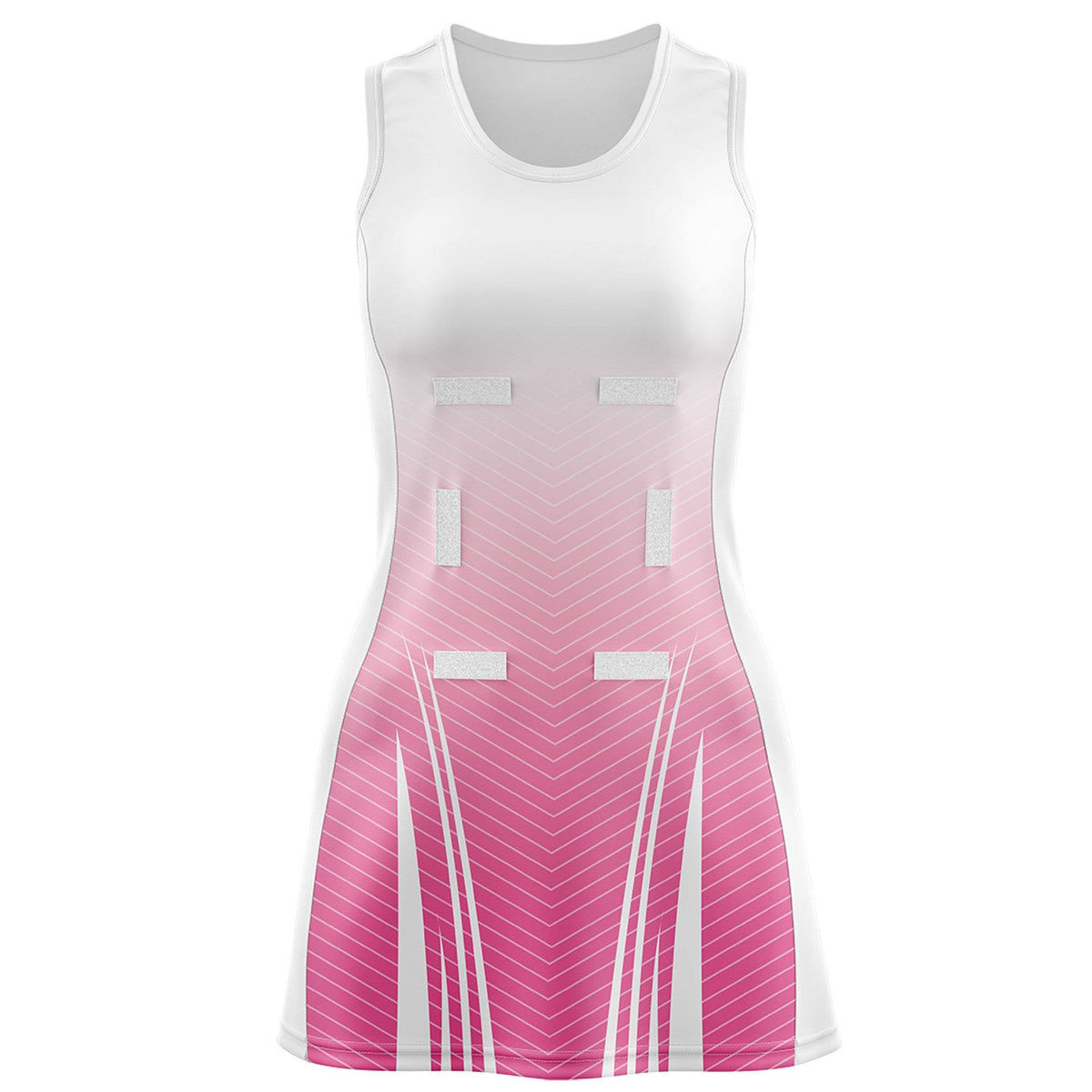 Custom White Pink Netball Dresses With Diagonal Lines And Jagged Texture Patterns