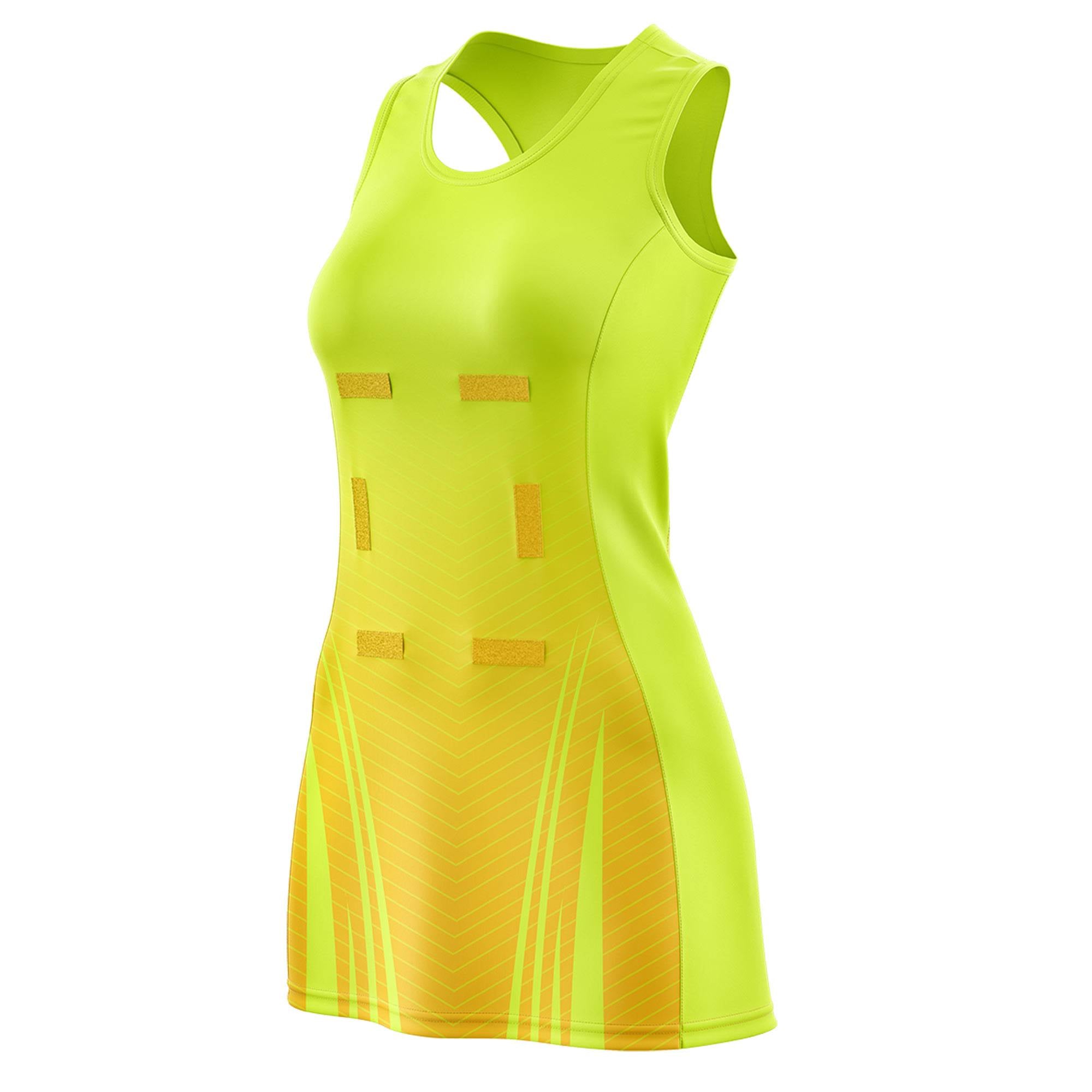 Custom Fluorescent Green Gold Netball Dresses With Diagonal Lines And Jagged Texture Patterns