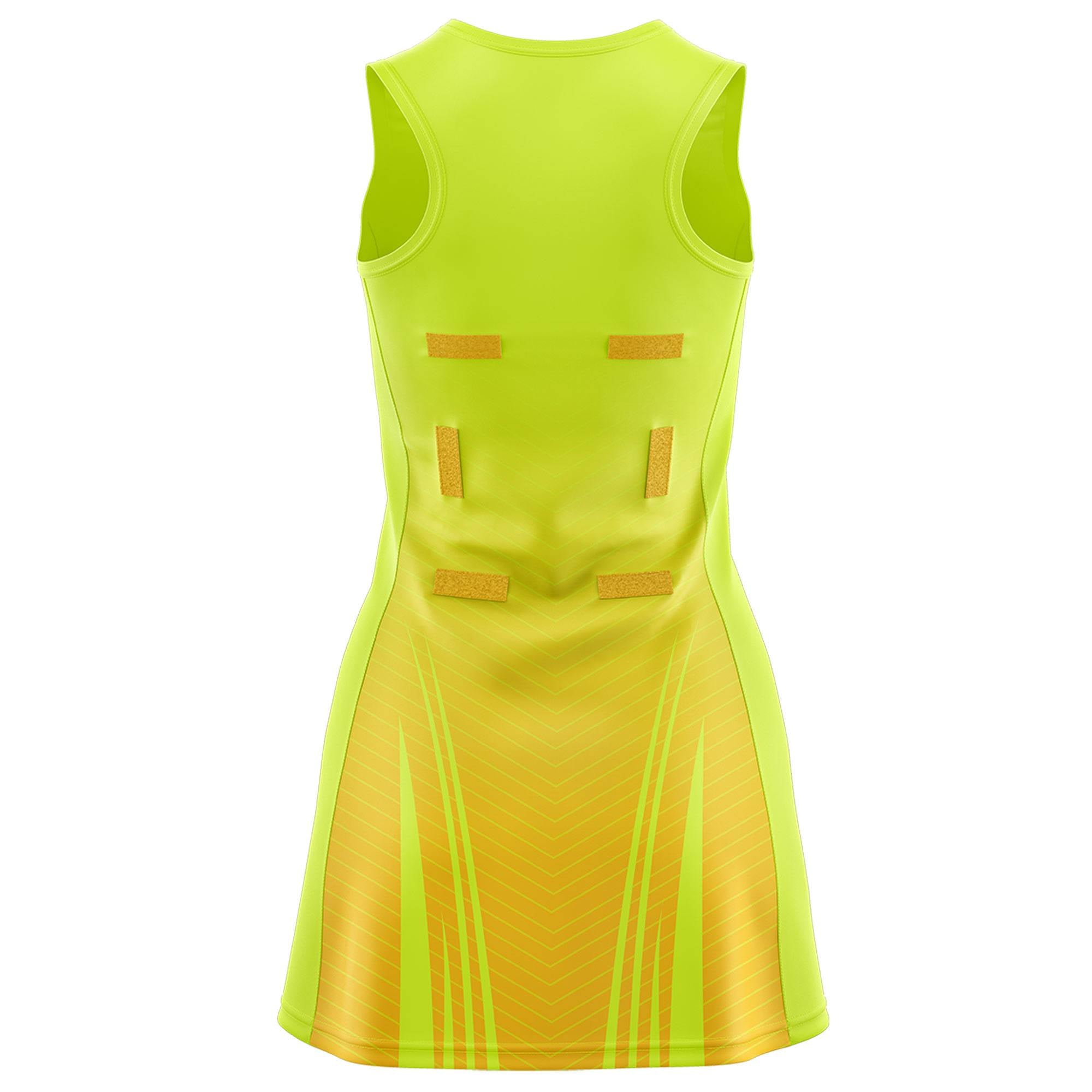 Custom Fluorescent Green Gold Netball Dresses With Diagonal Lines And Jagged Texture Patterns