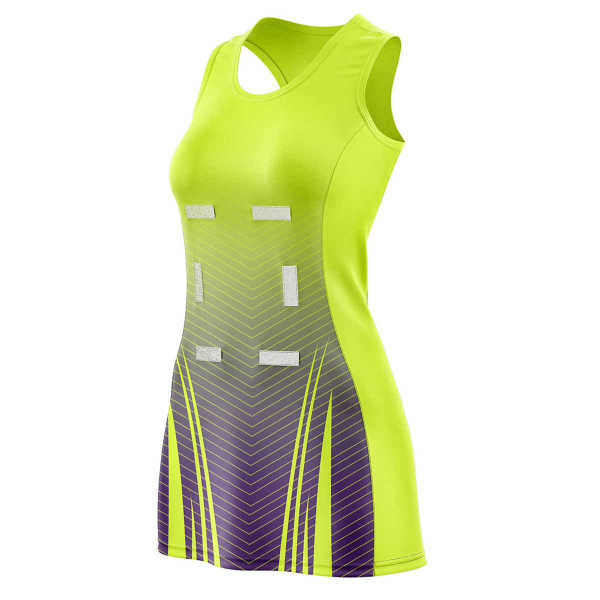 Custom Fluorescent Green Purple Netball Dresses With Diagonal Lines And Jagged Texture Patterns