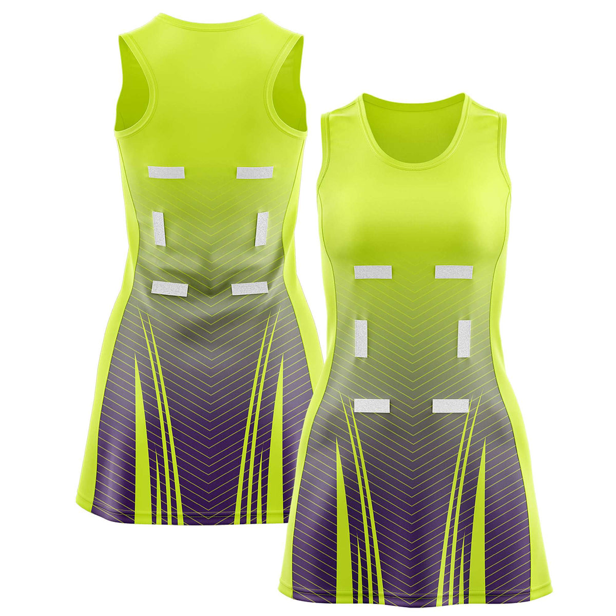 Custom Fluorescent Green Purple Netball Dresses With Diagonal Lines And Jagged Texture Patterns