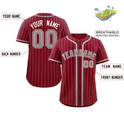 Custom Crimson Light Gray Stripe Fashion Design Full Button Authentic Baseball Jersey