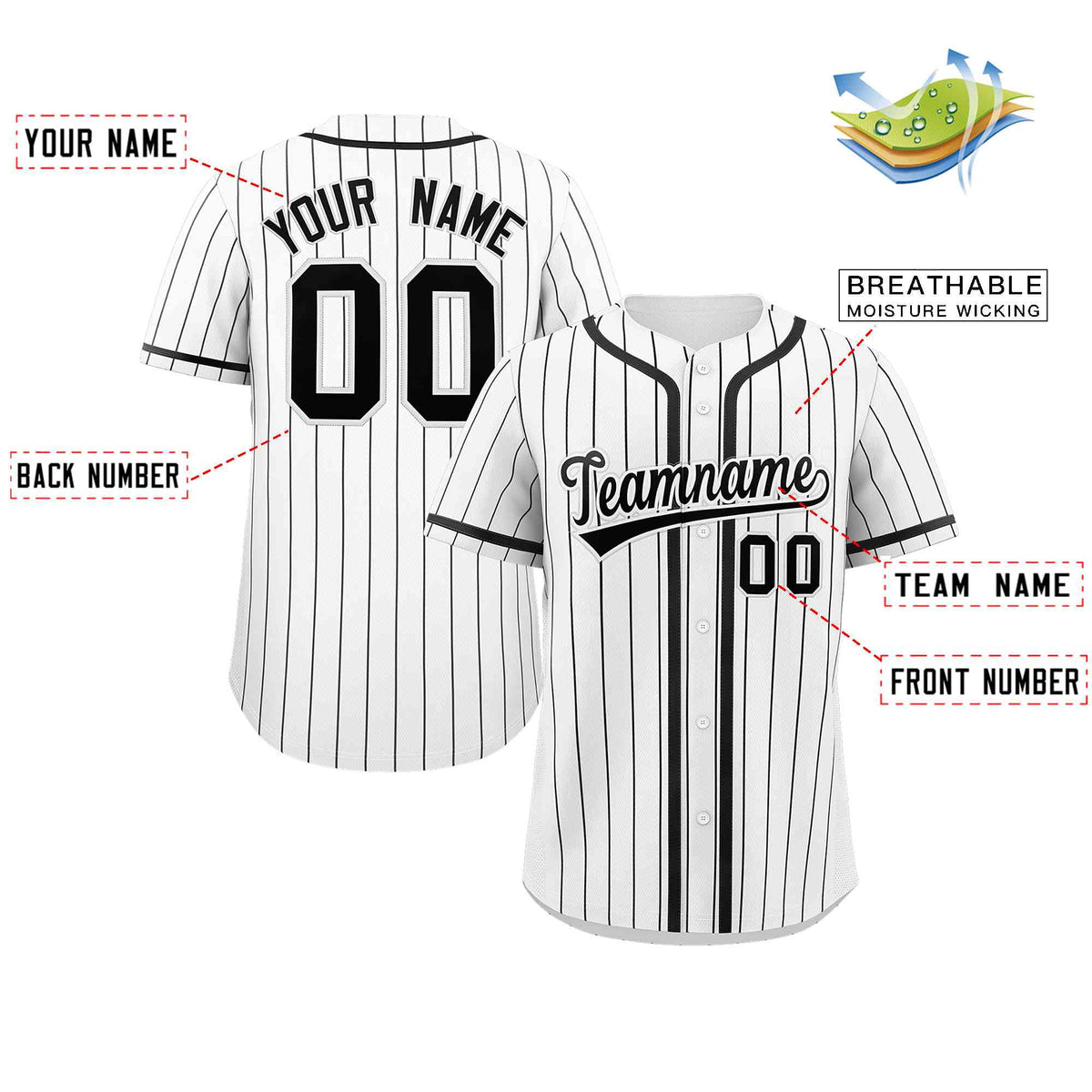 Custom White Black Stripe Fashion Design Full Button Authentic Baseball Jersey
