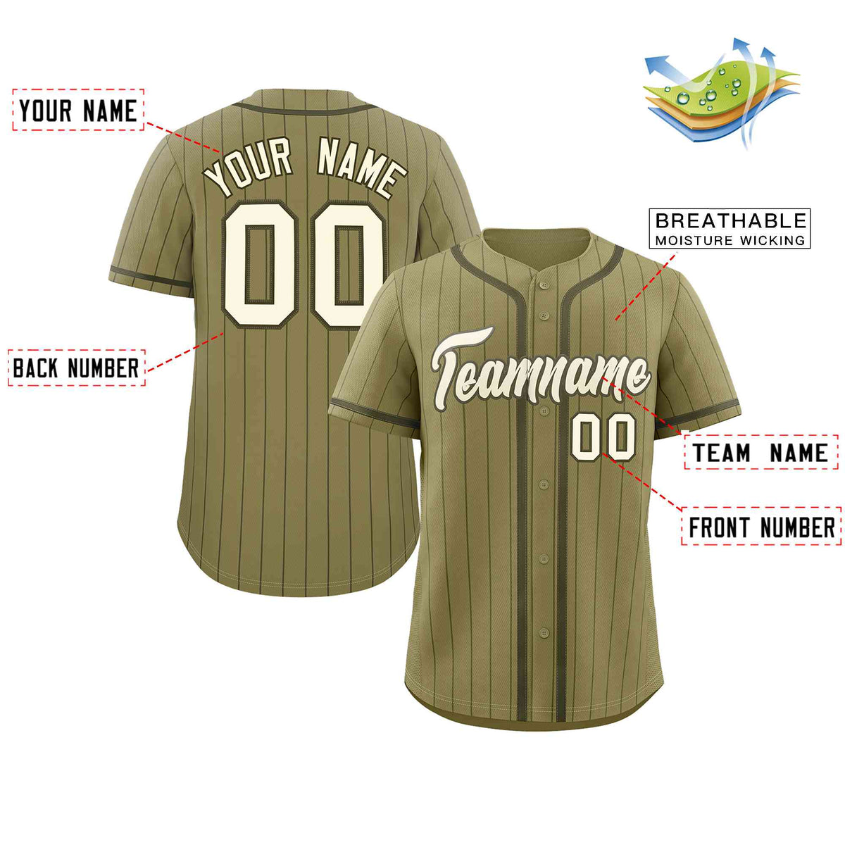 Custom Desert Yellow Olive Stripe Fashion Design Full Button Authentic Baseball Jersey