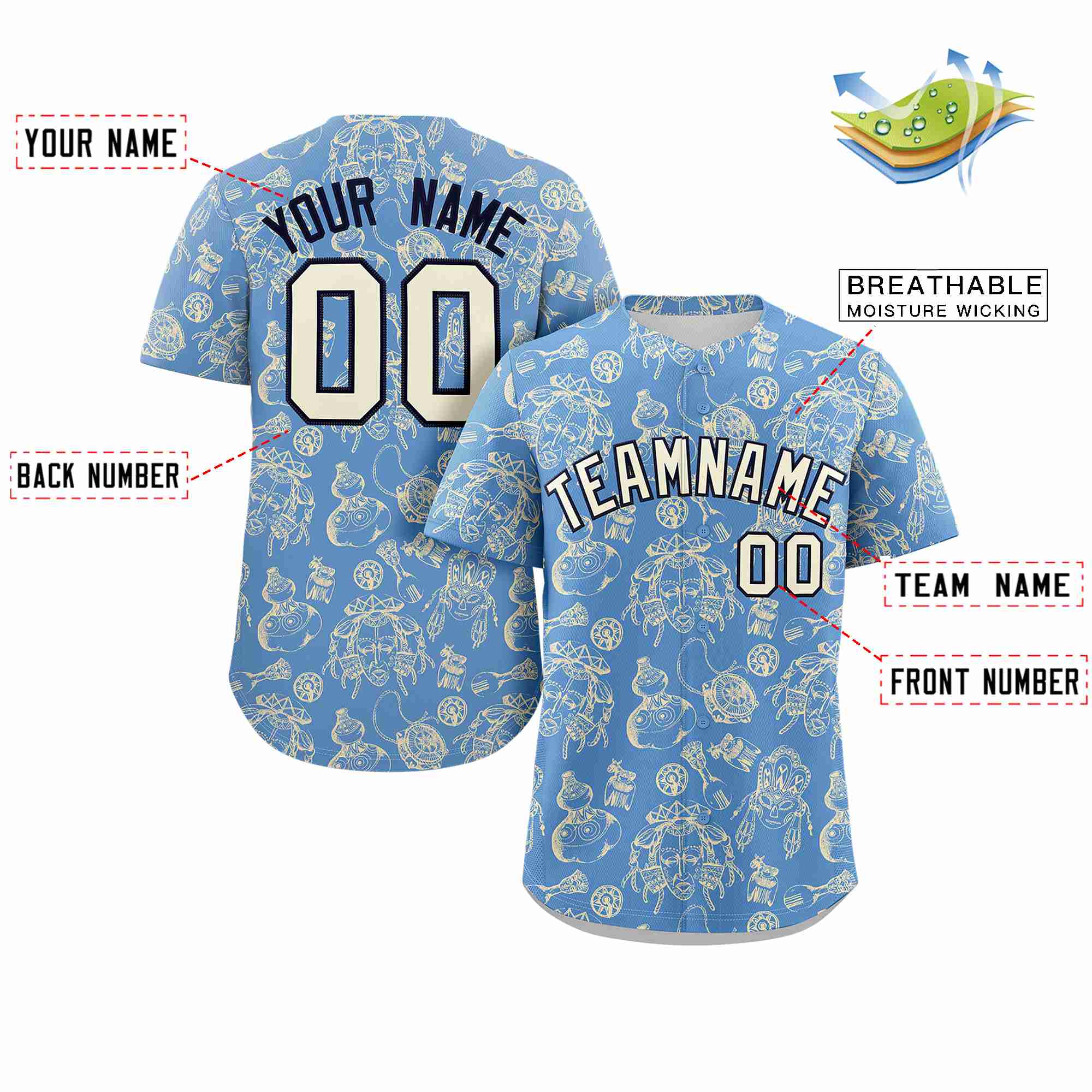 Custom Light Blue 3D Graffiti Pattern Personalized Design Authentic Baseball Jersey