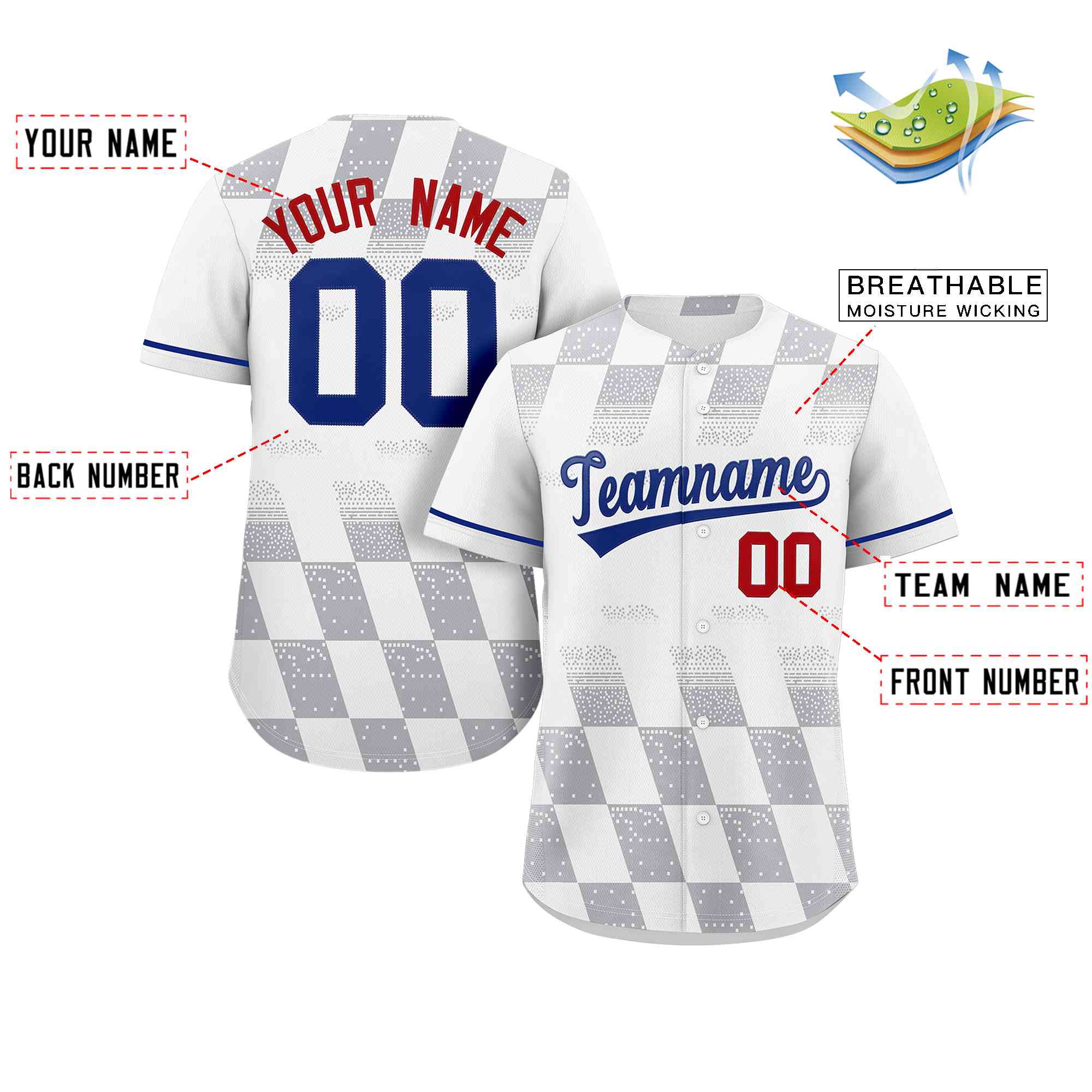 Custom White Gray Grid Speckles Color Block Design Authentic Baseball Jersey