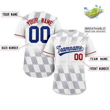 Custom White Gray Grid Speckles Color Block Design Authentic Baseball Jersey