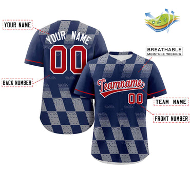 Custom Navy Gray Grid Speckles Color Block Design Authentic Baseball Jersey