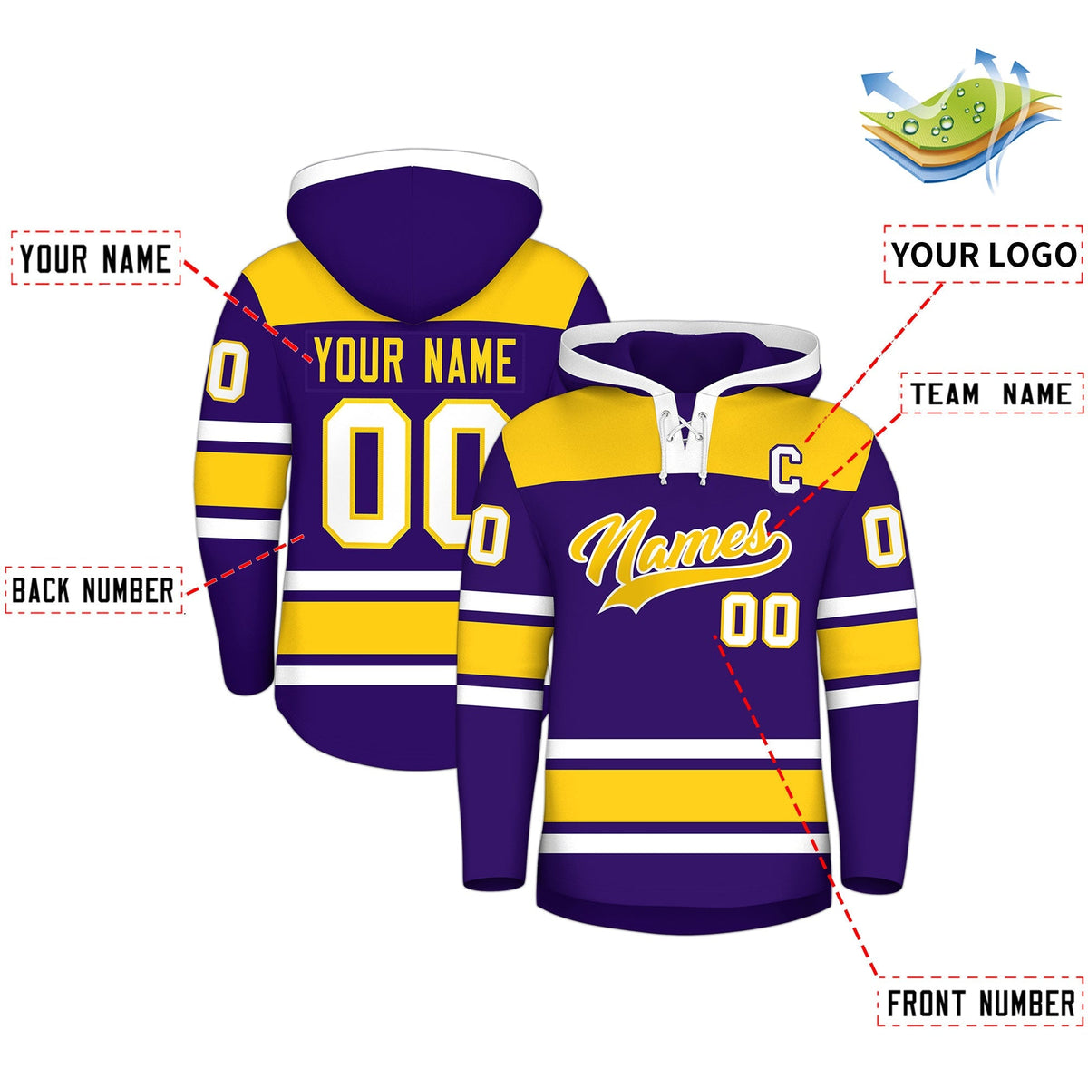 Custom Hockey Hoodie Jersey Purple Gold Raglan Sleeves Lace-Up Neck Personalized Jersey for Men &amp; Youth