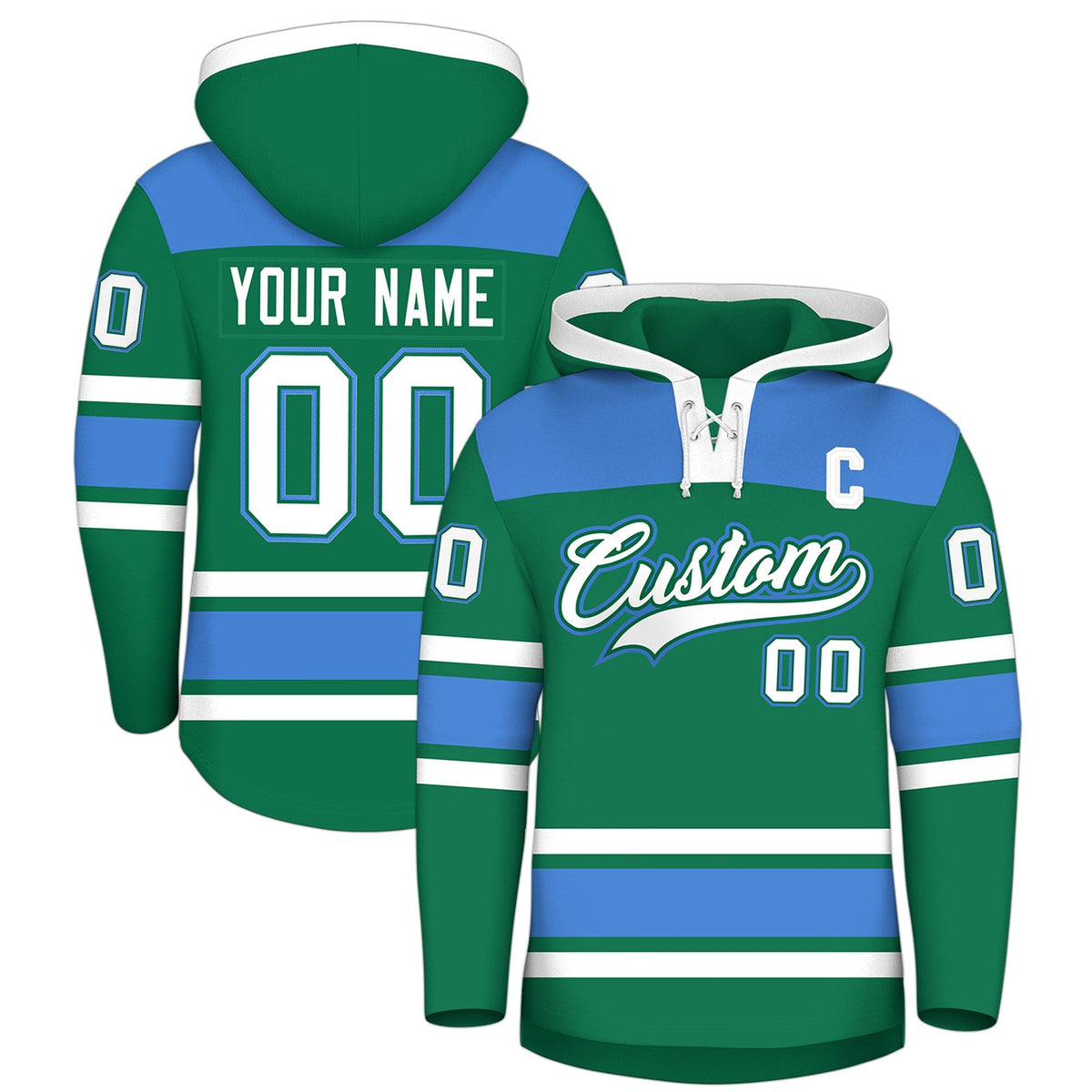 Custom Hockey Hoodie Jersey Kelly Green Powder Blue Raglan Sleeves Lace-Up Neck Classic Team Colors Hoodie